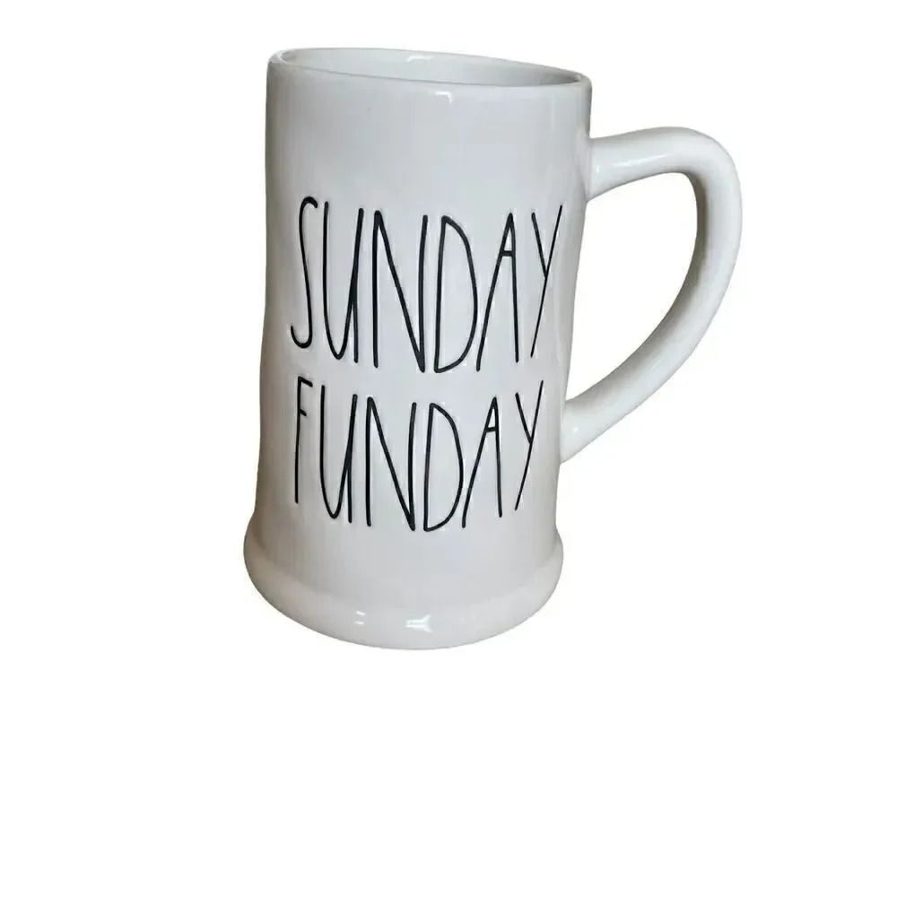 Rae Dunn SUNDAY FUNDAY Beer Stein White Stein with black lettering